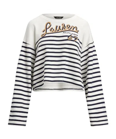 Polo Ralph Lauren Striped French Terry Cropped Sweatshirt In White/blue