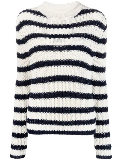 Polo Ralph Lauren Embellished Striped Long-sleeve Rollneck Sweater In Off White Lux Navy