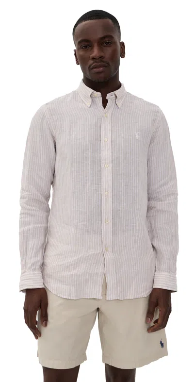 Polo Ralph Lauren Striped Linen Button Down Shirt Coastal Beige White