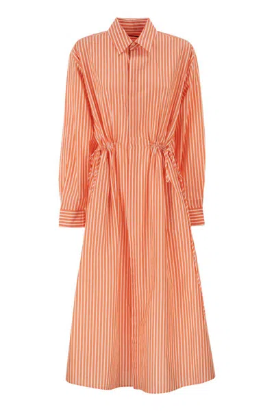 Polo Ralph Lauren Striped Linen Cotton Shirt Dress With Drawstring In Orange