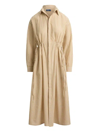Polo Ralph Lauren Striped Linen Cotton Shirt Dress With Drawstring In Neutral