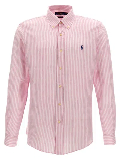 Polo Ralph Lauren Button-down Collar Logo-embroidered Striped Linen Shirt In Pink