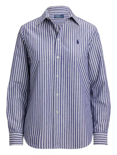 Polo Ralph Lauren Striped Logo-embroidered Shirt In Blue