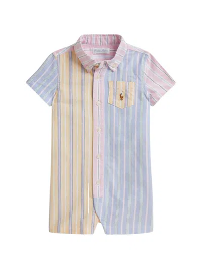 Polo Ralph Lauren Babies' Striped Logo-embroidered Shortall In Blue