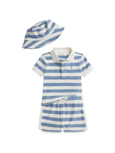 Polo Ralph Lauren Babies' Striped Logo-embroidered Short Set (set Of Three-piece) In Blue