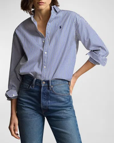 Polo Ralph Lauren Striped Long-sleeve Cotton Blouse In Cabana Blue White