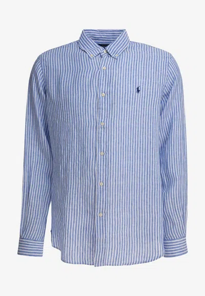 Polo Ralph Lauren Striped Long-sleeved Linen Shirt In Blue
