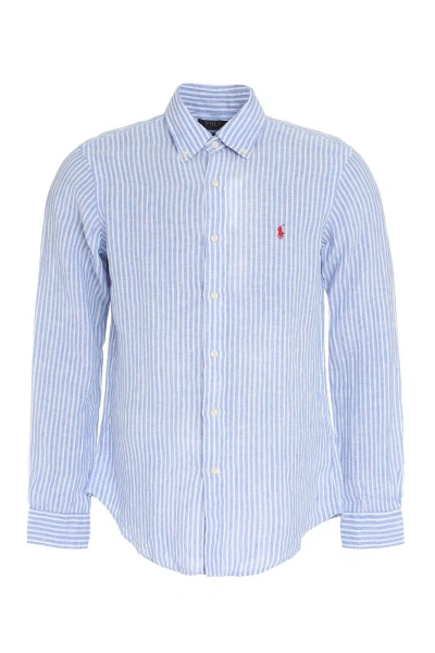 Polo Ralph Lauren Striped Long-sleeved Shirt  In Light Blue