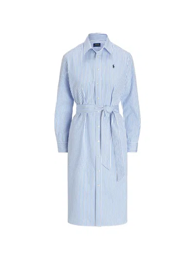 Polo Ralph Lauren Striped Knee Length Dress With Waist Tie In Blue