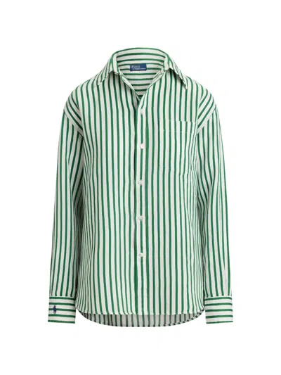 Polo Ralph Lauren Womens 2019c White-green Striped Relaxed-fit Linen And Cotton Shirt Xl
