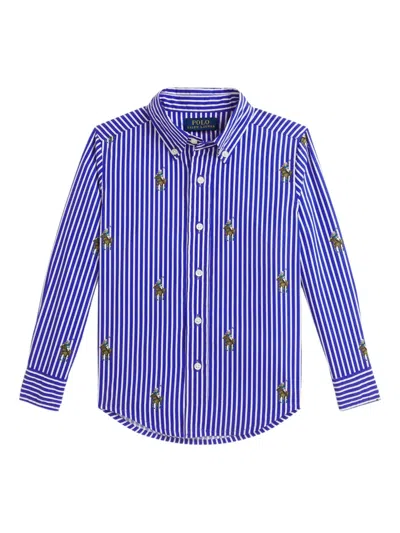 Polo Ralph Lauren Kids' Striped Polo Bear-motif Cotton Shirt In Blue