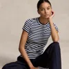Polo Ralph Lauren Striped Ribbed Cotton Crewneck Tee In Cruise Navy/white