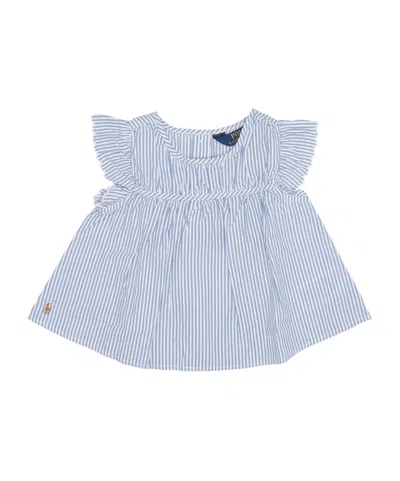 Polo Ralph Lauren Striped Ruffle-detail Cotton Blouse In Blue