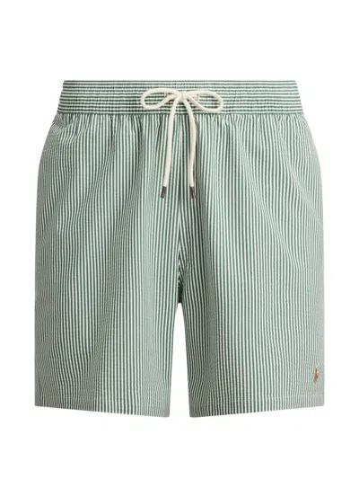 Polo Ralph Lauren Mens New Forest Seersucker Traveller Striped Swimming Trunks In Green
