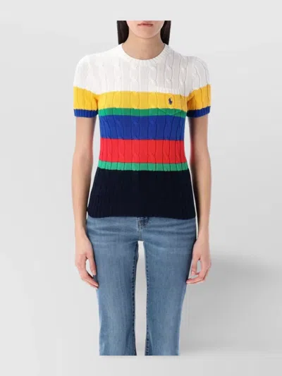 POLO RALPH LAUREN STRIPED SHORT SLEEVE CABLE KNIT TOP