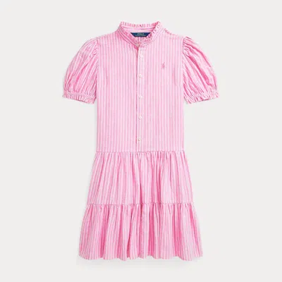 Polo Ralph Lauren Kids' Striped Tiered Linen-cotton Dress In Pink,white