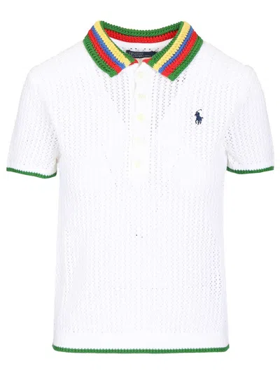 Polo Ralph Lauren Striped With Perforated Knit Collar Polo Shirt White