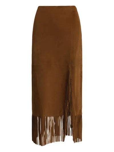 Polo Ralph Lauren Suede Fringed Midi Skirt In Brown