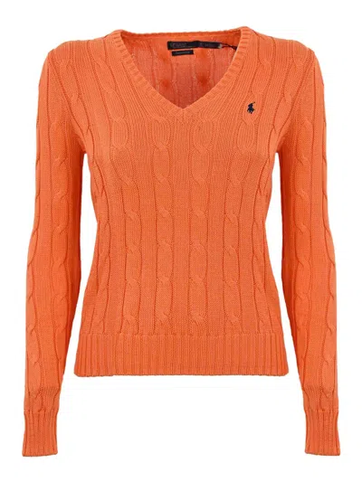 Polo Ralph Lauren Cable Knit Sweater With V-neck In Orange