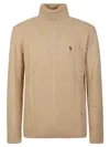 Polo Ralph Lauren Cable Knit Turtleneck Sweater With Embroidered Logo In Nude