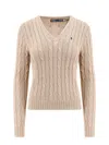 Polo Ralph Lauren Cable Knit V-neck Sweater In Beige