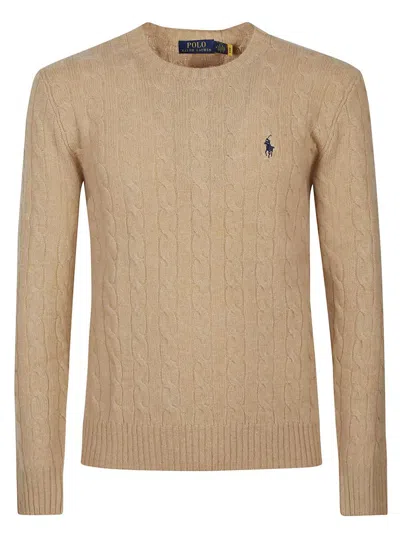 Polo Ralph Lauren Beige Cable Knit Crewneck Sweater With Pony Embroidery On The Front In Wool And Cashmere Man In Nude