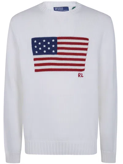 Polo Ralph Lauren Flag Embroidered Long Sleeve Pullover In White