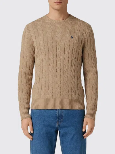Polo Ralph Lauren Beige Cable Knit Crewneck Sweater With Pony Embroidery On The Front In Wool And Cashmere Man In Brown