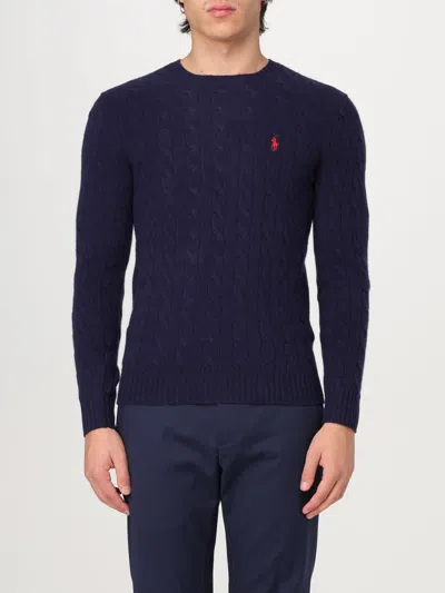 Polo Ralph Lauren Blue Cable Knit Crewneck Sweater With Pony Embroidery On The Front In Wool And Cashmere Man