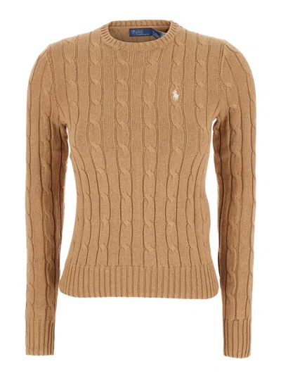POLO RALPH LAUREN BEIGE SWEATER WITH EMBROIDERED PONY DETAIL ON THE FRONT IN COTTON WOMAN