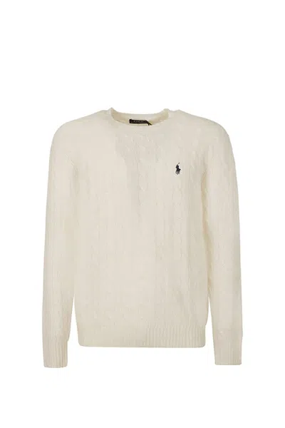 Polo Ralph Lauren White Cable Knit Crewneck Sweater With Pony Embroidery On The Front In Wool And Cashmere Man In Neutral
