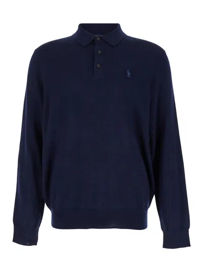 Polo Ralph Lauren Sweater With Polo Collar In Wool In Blu