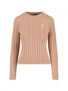 Polo Ralph Lauren Cable Knit Beige Sweater With Logo Embroidery In Nude