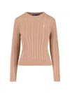 Polo Ralph Lauren Cable Knit Beige Sweater With Logo Embroidery In Nude