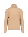 Polo Ralph Lauren Cable Knit Turtleneck Sweater With Embroidered Logo In Brown