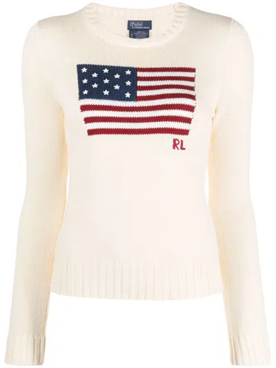 Polo Ralph Lauren Classic Crew Neck Sweater With American Flag Design In Neutral