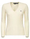 Polo Ralph Lauren Kimberly Icon Logo Pima Cotton Cable Knit V-neck Sweater In White