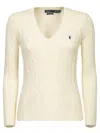 Polo Ralph Lauren Kimberly Icon Logo Pima Cotton Cable Knit V-neck Sweater In White