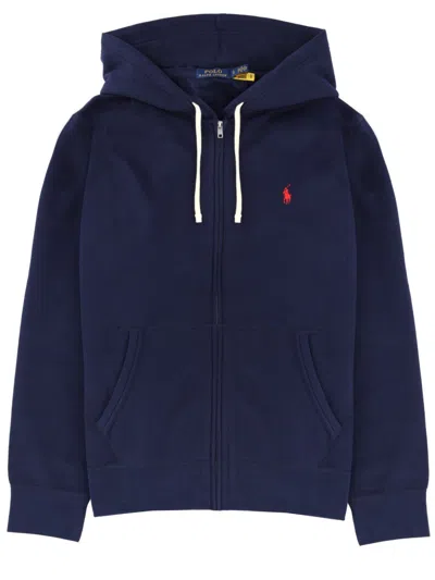 Polo Ralph Lauren Logo Hooded Sweatshirt Kangaroo Pocket Ribbed In Blue