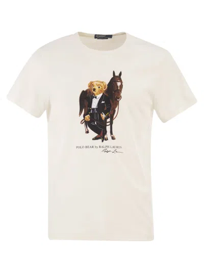 Polo Ralph Lauren T Shirt With Polo Bear Print In Riding Attire In White
