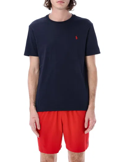 Polo Ralph Lauren Custom Slim Fit Blue Crewneck T-shirt With Pony Embroidery On The Front In Cotton Man