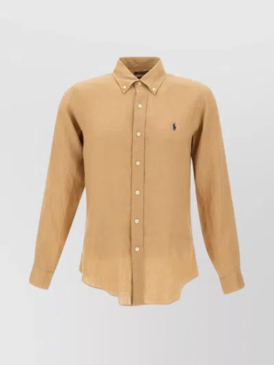 Polo Ralph Lauren Tailored Linen Shirt With Buttoned Cuffs In Neutral
