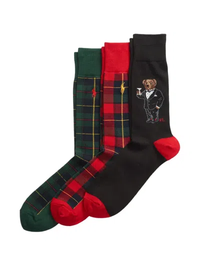 Polo Ralph Lauren Tartan Bear Motif Socks (set Of Three) In Black