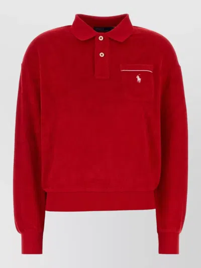 Polo Ralph Lauren Terry Fabric Shirt Collar Ribbed Cuffs Pocket In Red