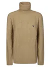 Polo Ralph Lauren Cable Knit Turtleneck Sweater With Embroidered Logo In Nude