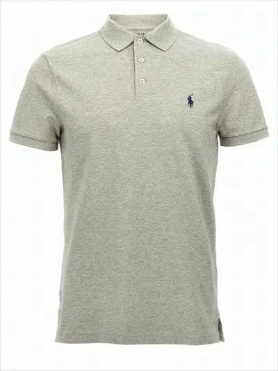 Polo Ralph Lauren Textured Knit Polo Shirt With Ribbed Collar And Iconic Logo In Gray