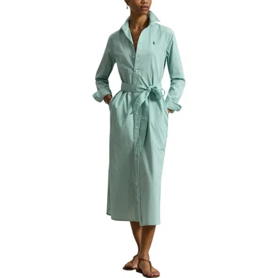Polo Ralph Lauren Tie Waist Long Sleeve Maxi Shirtdress In Green