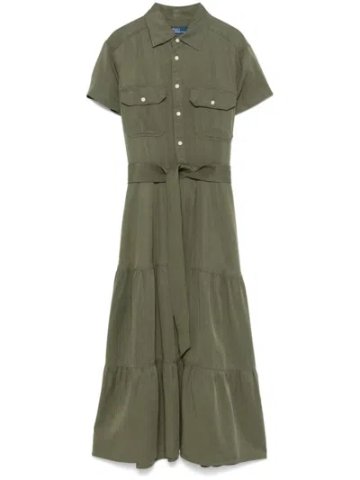 Polo Ralph Lauren Tiered Olive Green Linen Dress With Detachable Belt