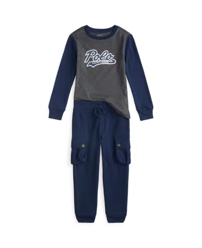 Polo Ralph Lauren Kids' Toddler And Little 2-piece Boys Logo Jersey T-shirt Fleece Jogger Pants Set In Blue