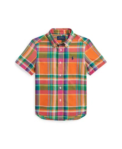 Polo Ralph Lauren Kids' Toddler And Little Boys Cotton Madras Short-sleeve Shirt In Orange,pink Multi